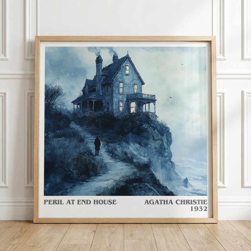 Peril at End House literary print in frame leaning in hallway – mystery wall art