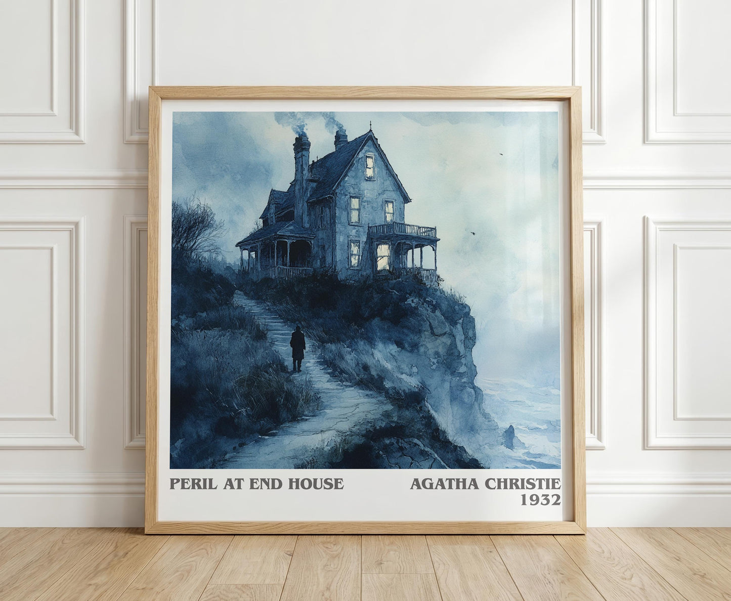 Peril at End House literary print in frame leaning in hallway – mystery wall art