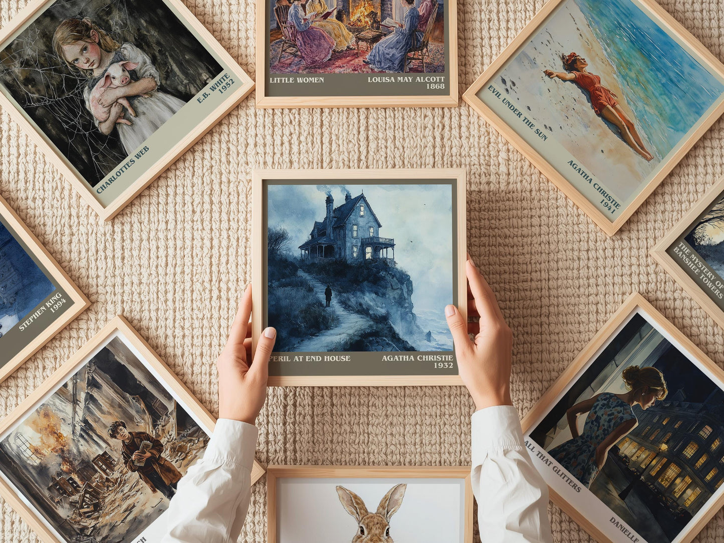 Peril at End House literary print on bookshelf – Agatha Christie fan gift