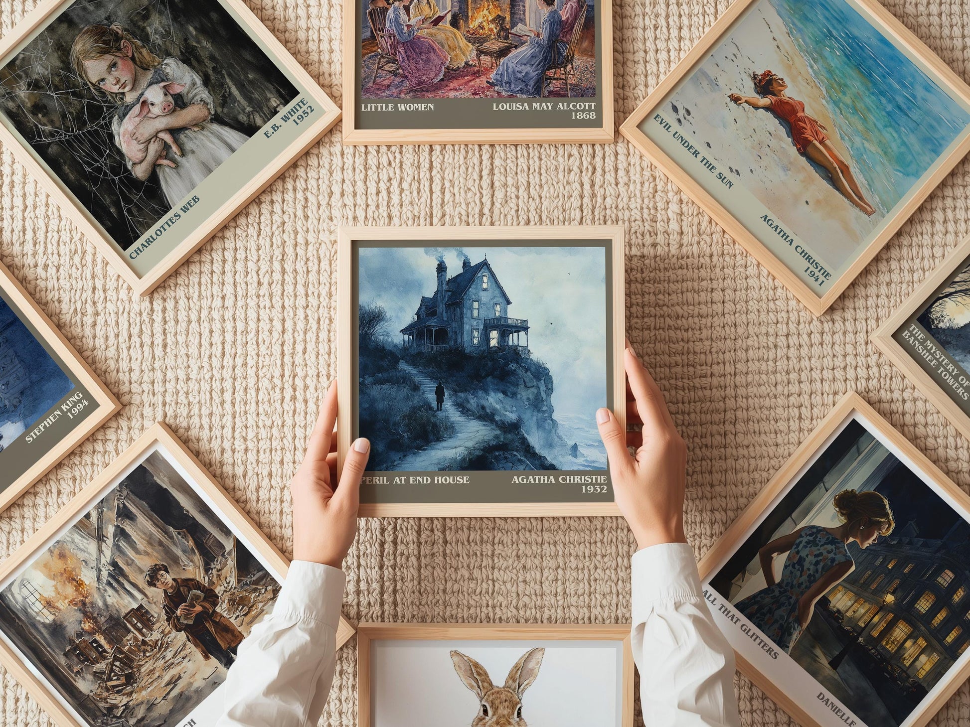 Peril at End House literary print on bookshelf – Agatha Christie fan gift