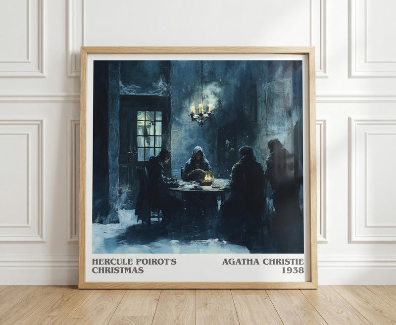 Hercule Poirot's Christmas literary print in frame leaning in hallway – mystery wall art