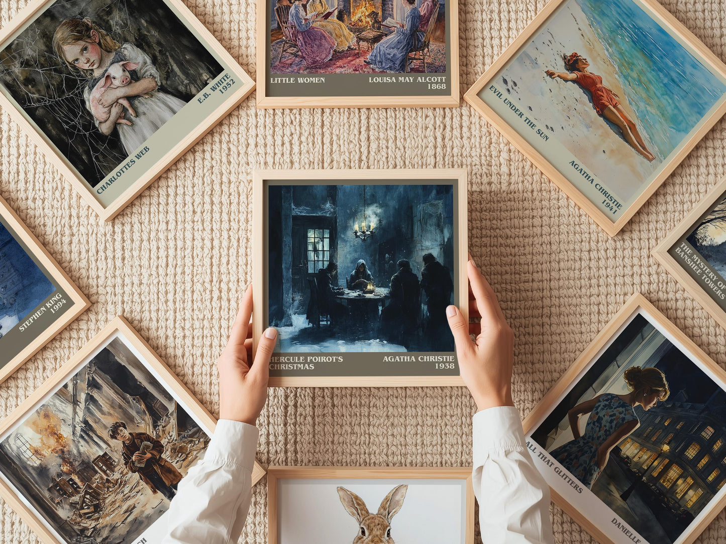 Hercule Poirot's Christmas literary print on bookshelf – Agatha Christie fan gift