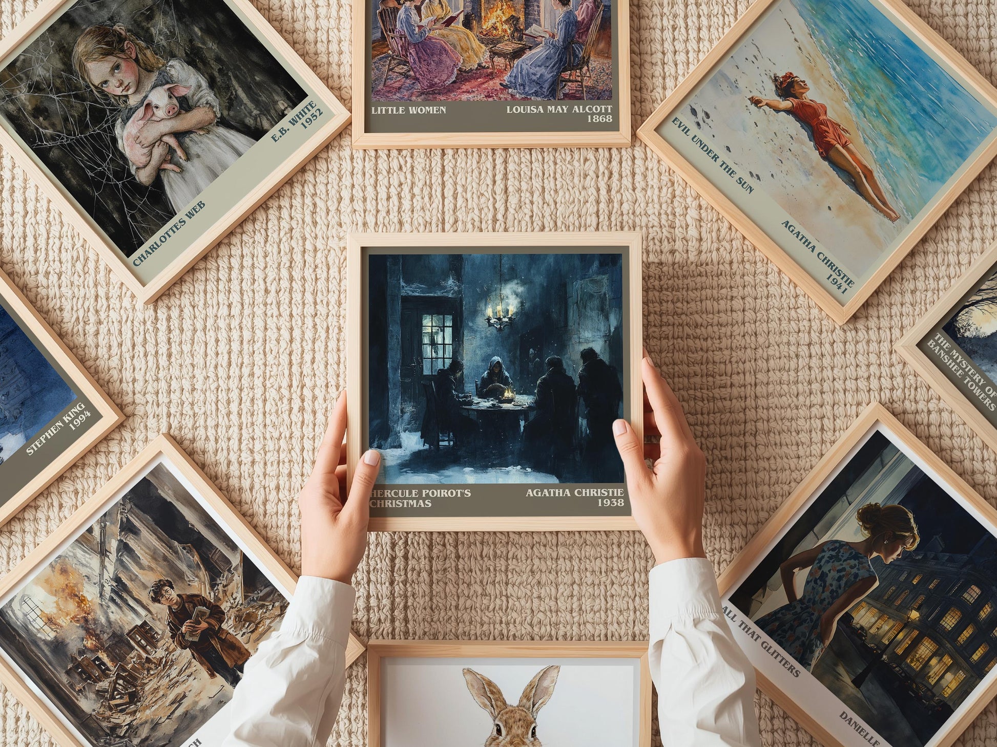 Hercule Poirot's Christmas literary print on bookshelf – Agatha Christie fan gift