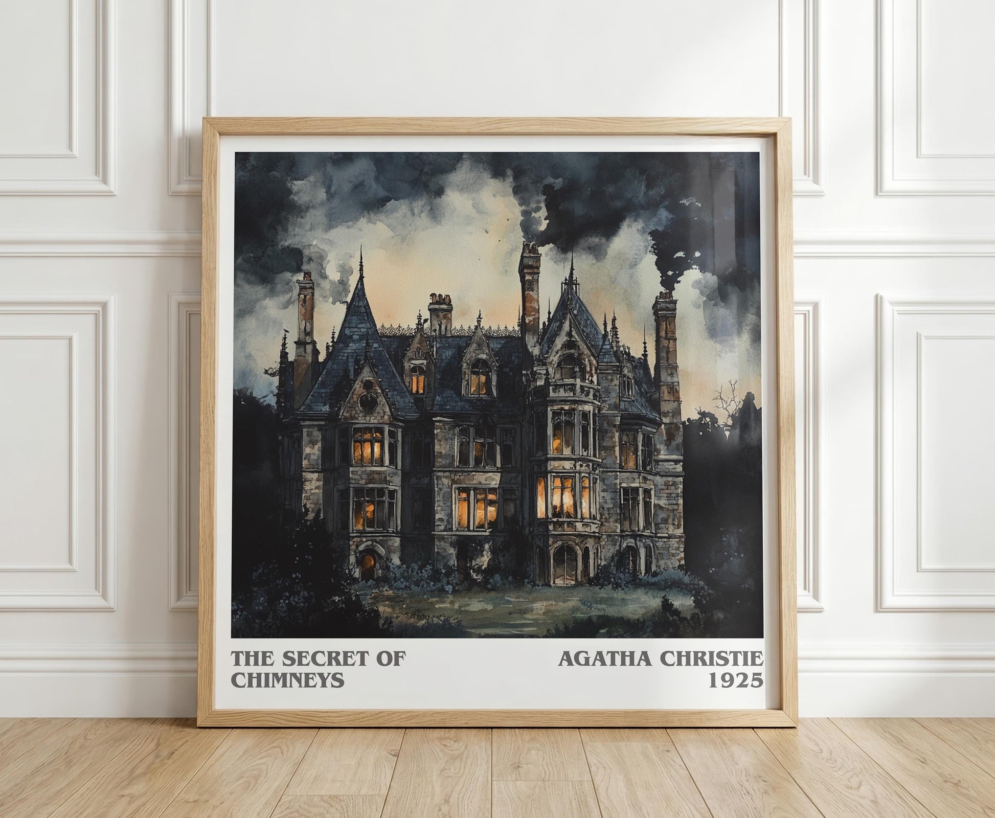 Death in the Clouds literary print in frame leaning in hallway – mystery wall art