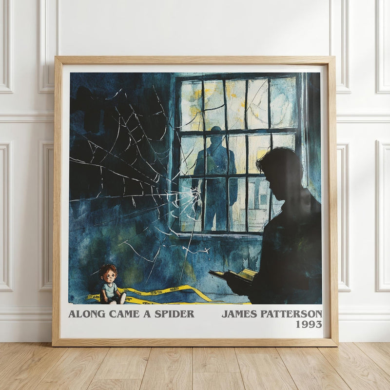 Along Came a Spider literary print in frame leaning in hallway – crime wall art