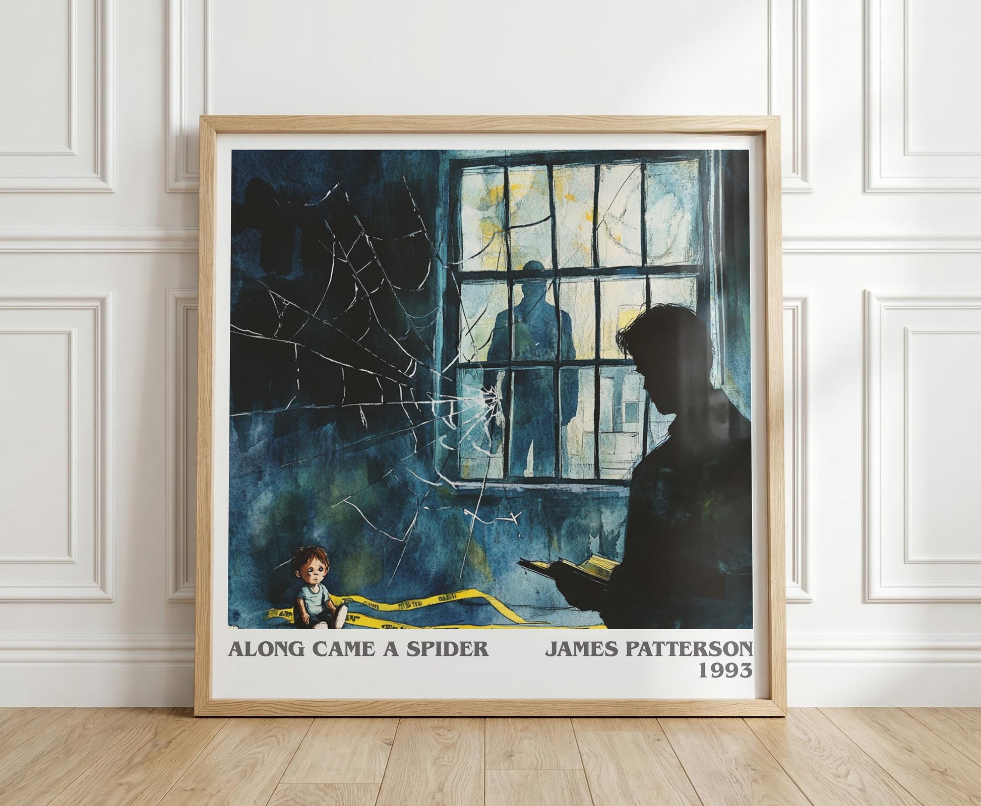 Along Came a Spider literary print in frame leaning in hallway – crime wall art