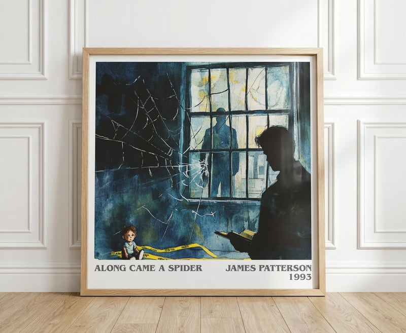 Along Came a Spider literary print in frame leaning in hallway – crime wall art