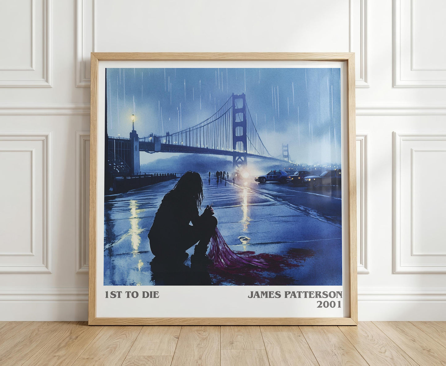 First To Die literary print in frame leaning in hallway – thriller wall art