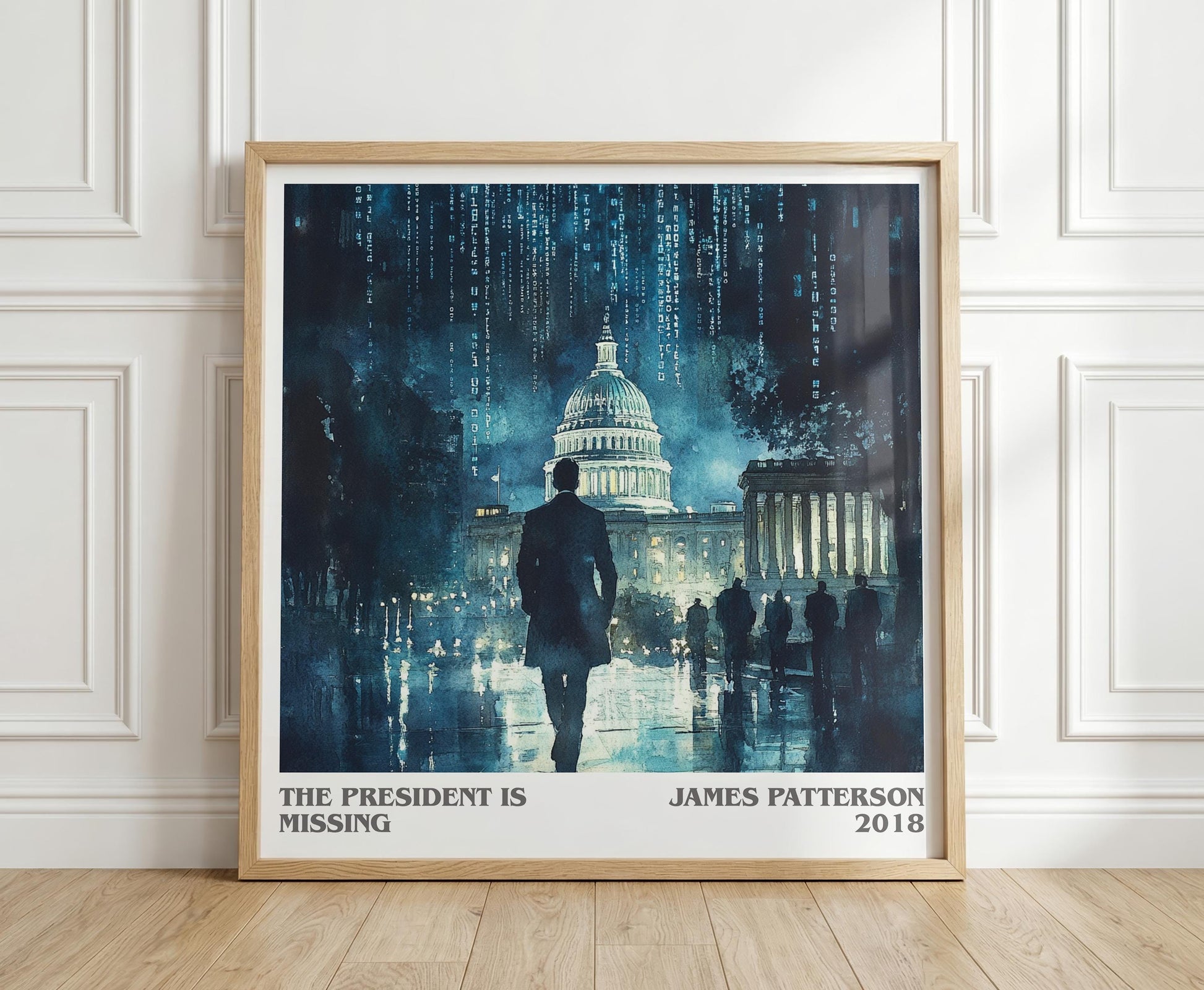 The President Is Missing literary print in frame leaning in hallway – thriller wall art