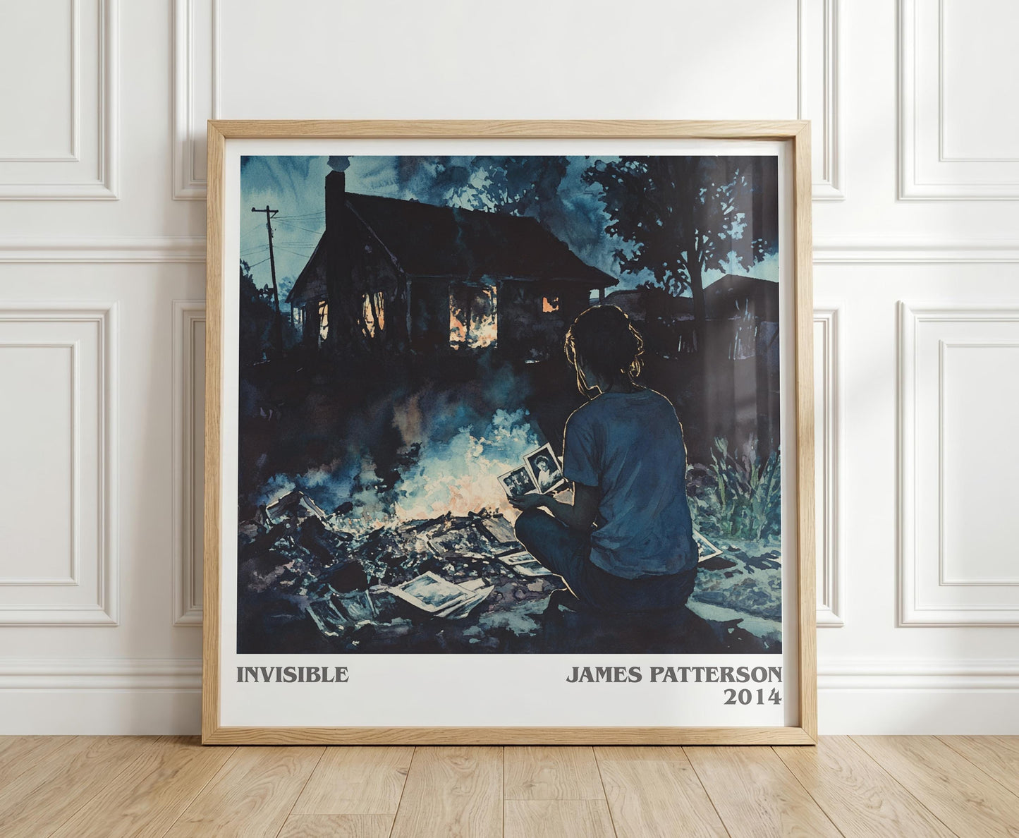Invisible literary print in frame leaning in hallway – thriller wall art