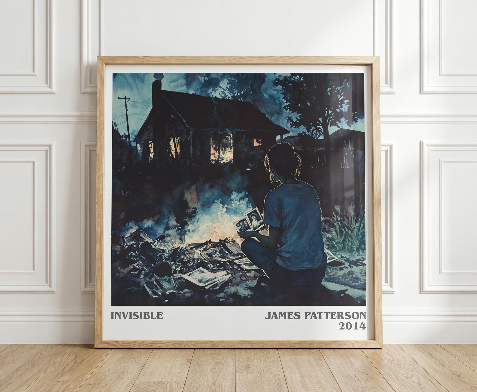 Invisible literary print in frame leaning in hallway – thriller wall art