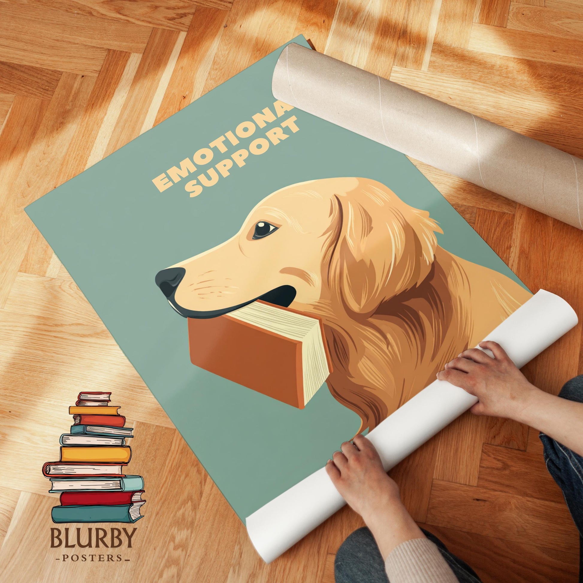 Emotional Support Dog Reading Print | Funny Golden Retriever | Cozy Wall Decor | Book Lover Gift | Nook Poster | Reader Gift | Aesthetic Art - Book Poster Art Print Decor Bookish