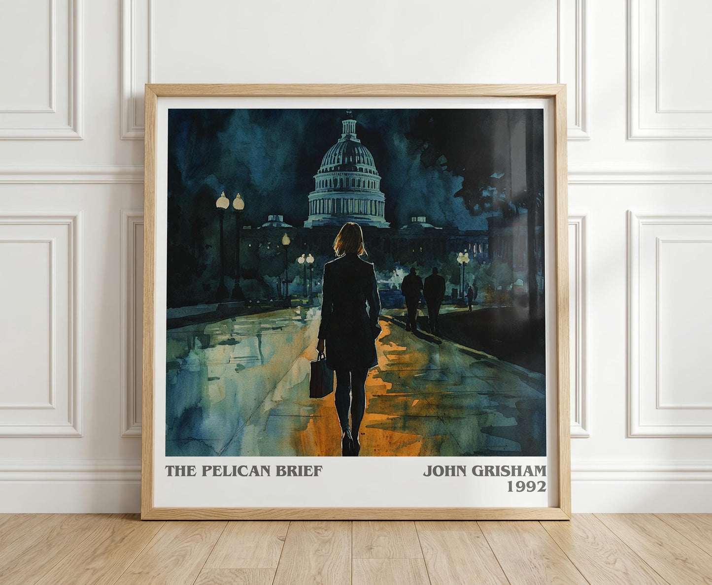 The Pelican Brief literary print in frame leaning in hallway – thriller wall art
