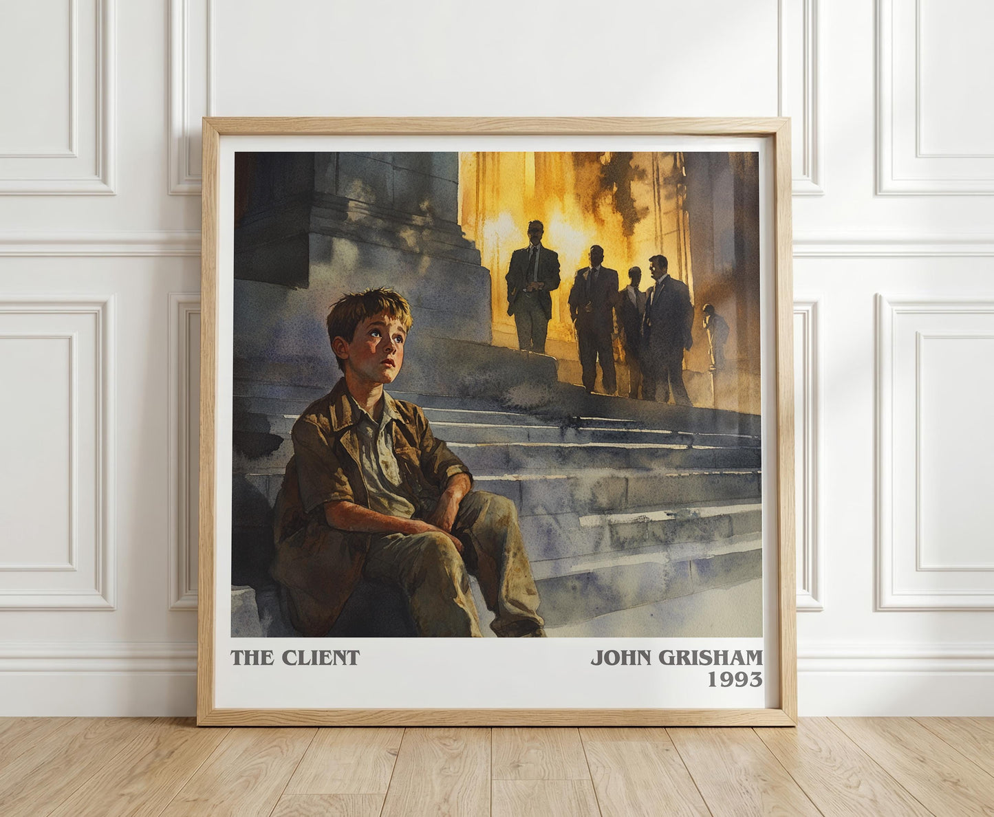 The Client literary print in frame leaning in hallway – thriller wall art