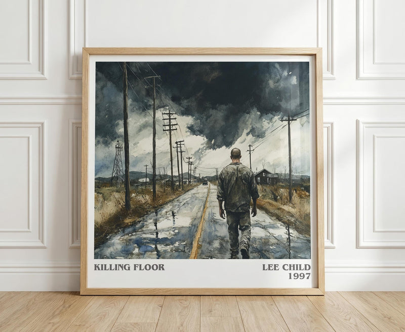 Killing Floor literary print in frame leaning in hallway – thriller wall art
