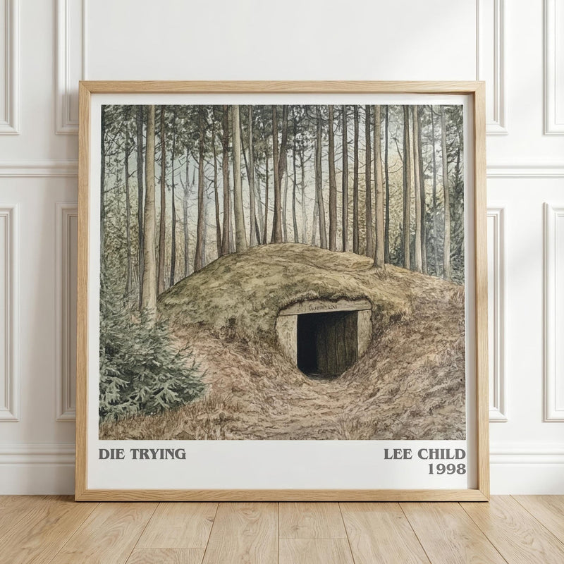 Die Trying literary print in frame leaning in hallway – thriller wall art