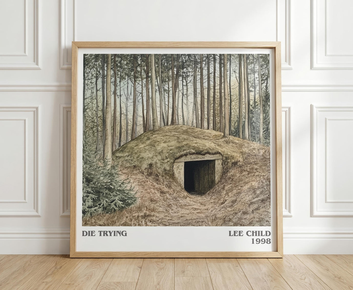 Die Trying literary print in frame leaning in hallway – thriller wall art