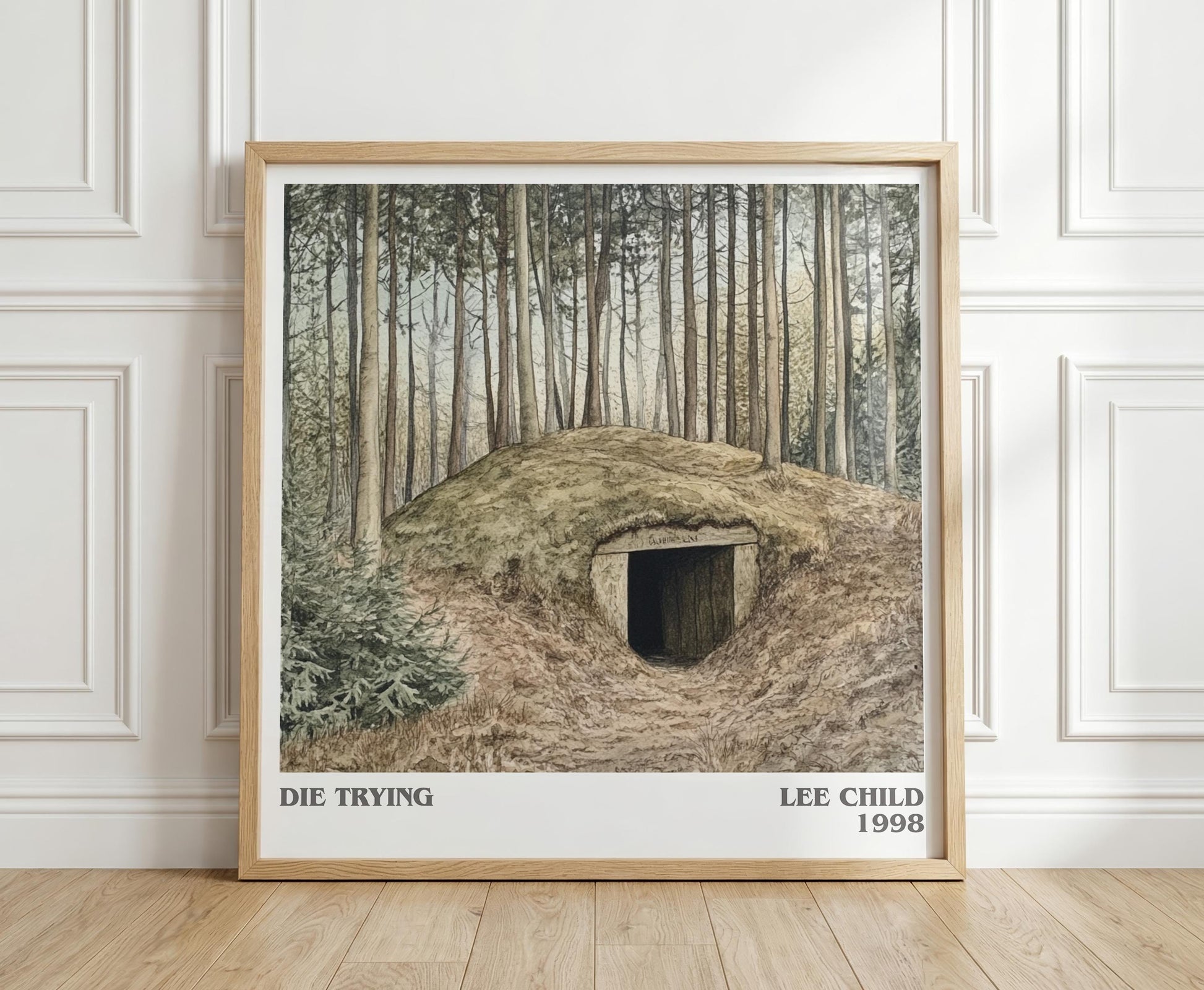 Die Trying literary print in frame leaning in hallway – thriller wall art