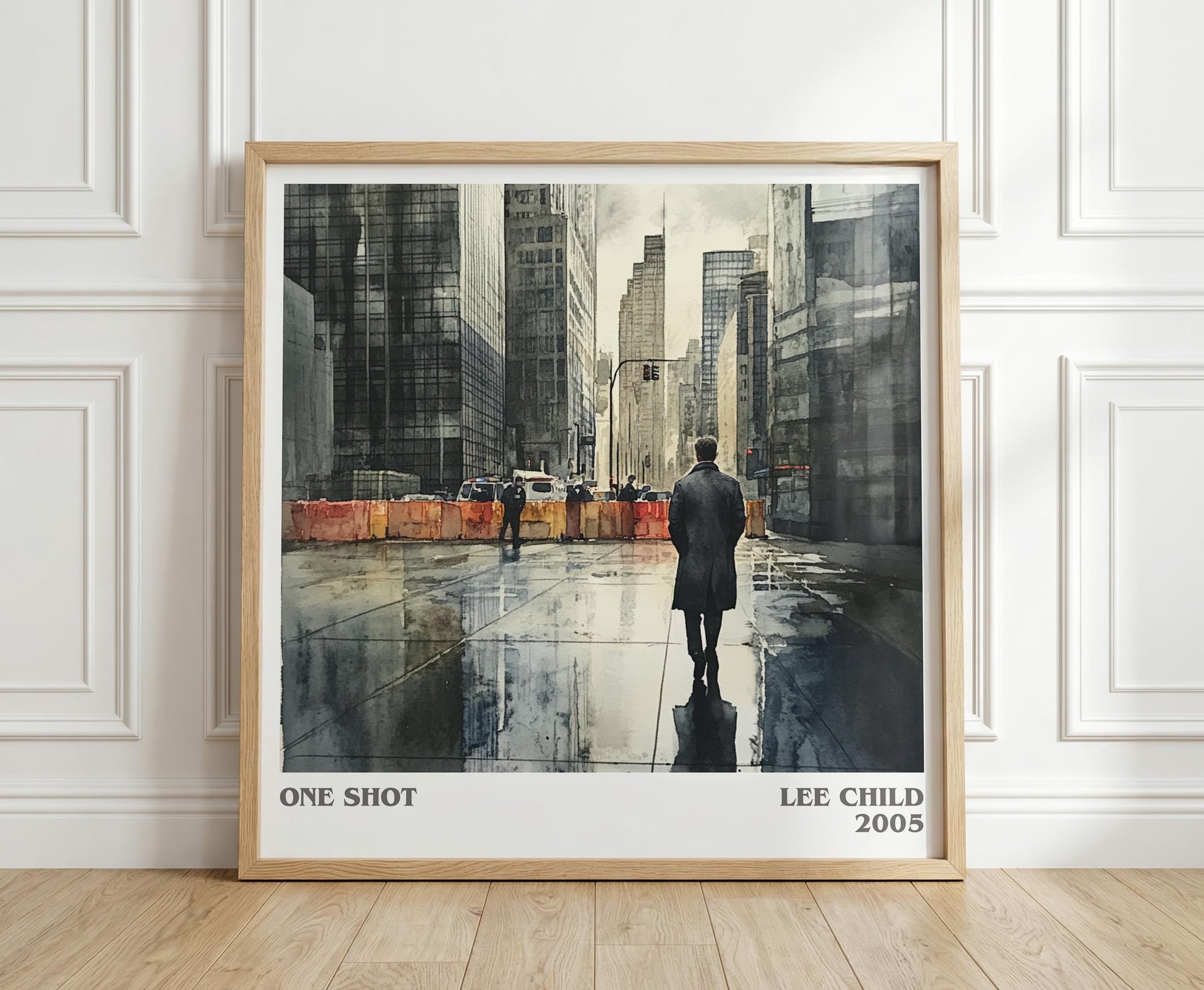 One Shot literary print in frame leaning in hallway – thriller wall art
