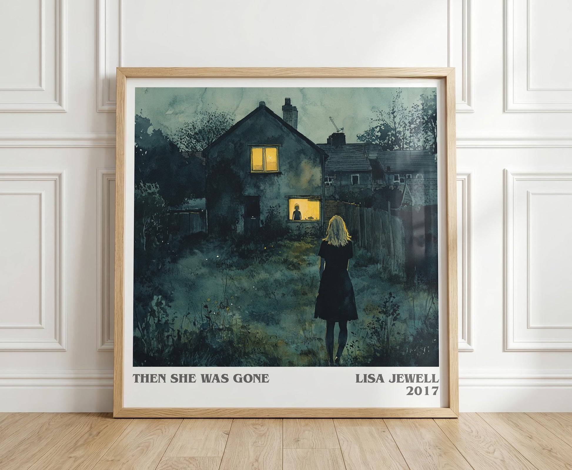Then She Was Gone literary print in frame leaning in hallway – thriller wall art