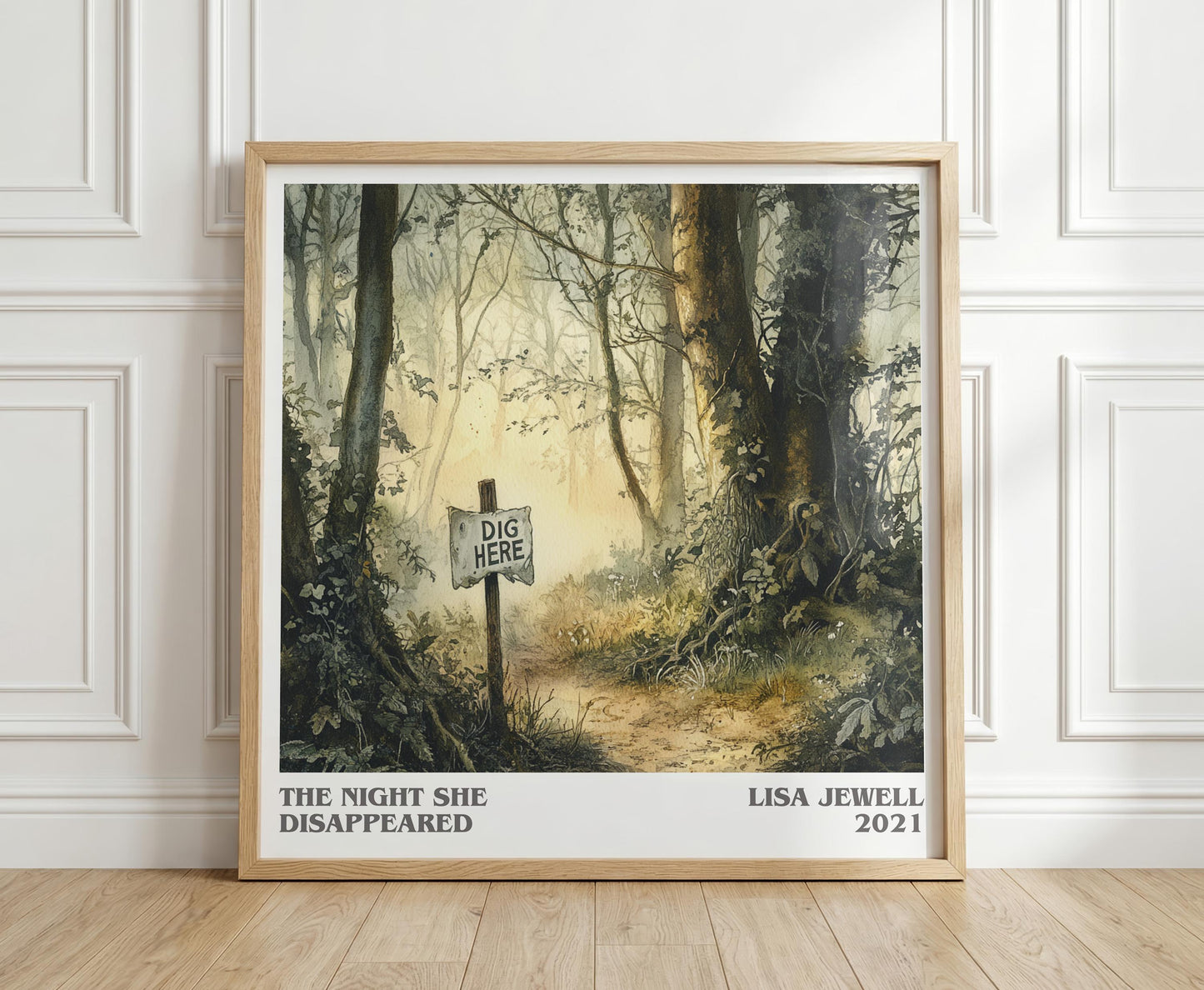 The Night She Disappeared literary print in frame leaning in hallway – thriller wall art