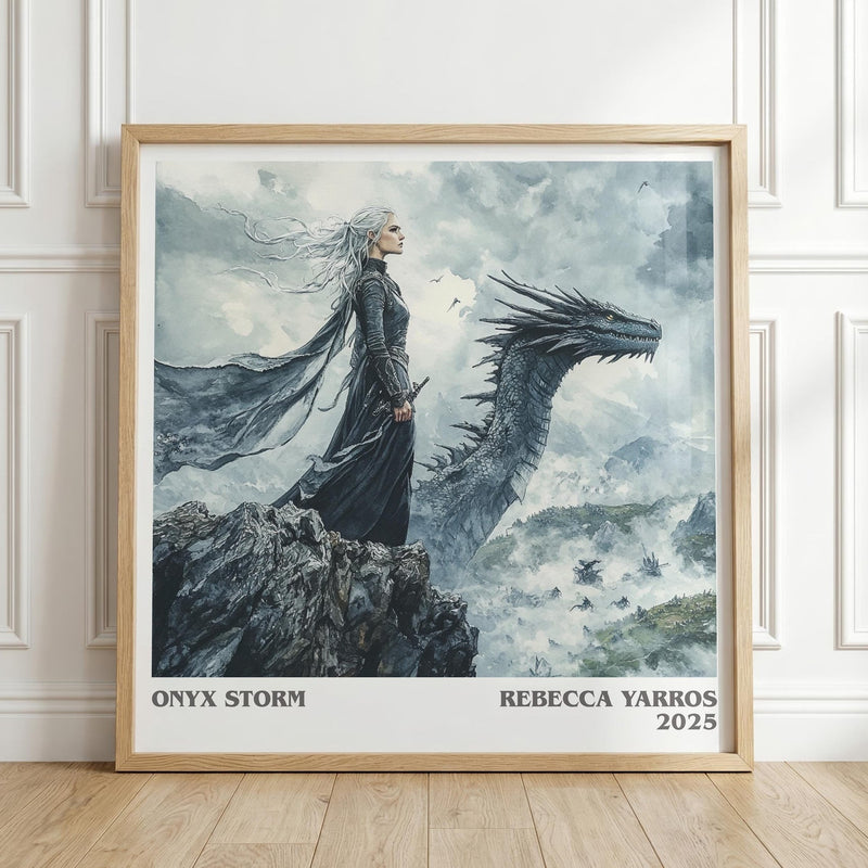 Onyx Storm literary print in frame leaning in hallway – fantasy wall art