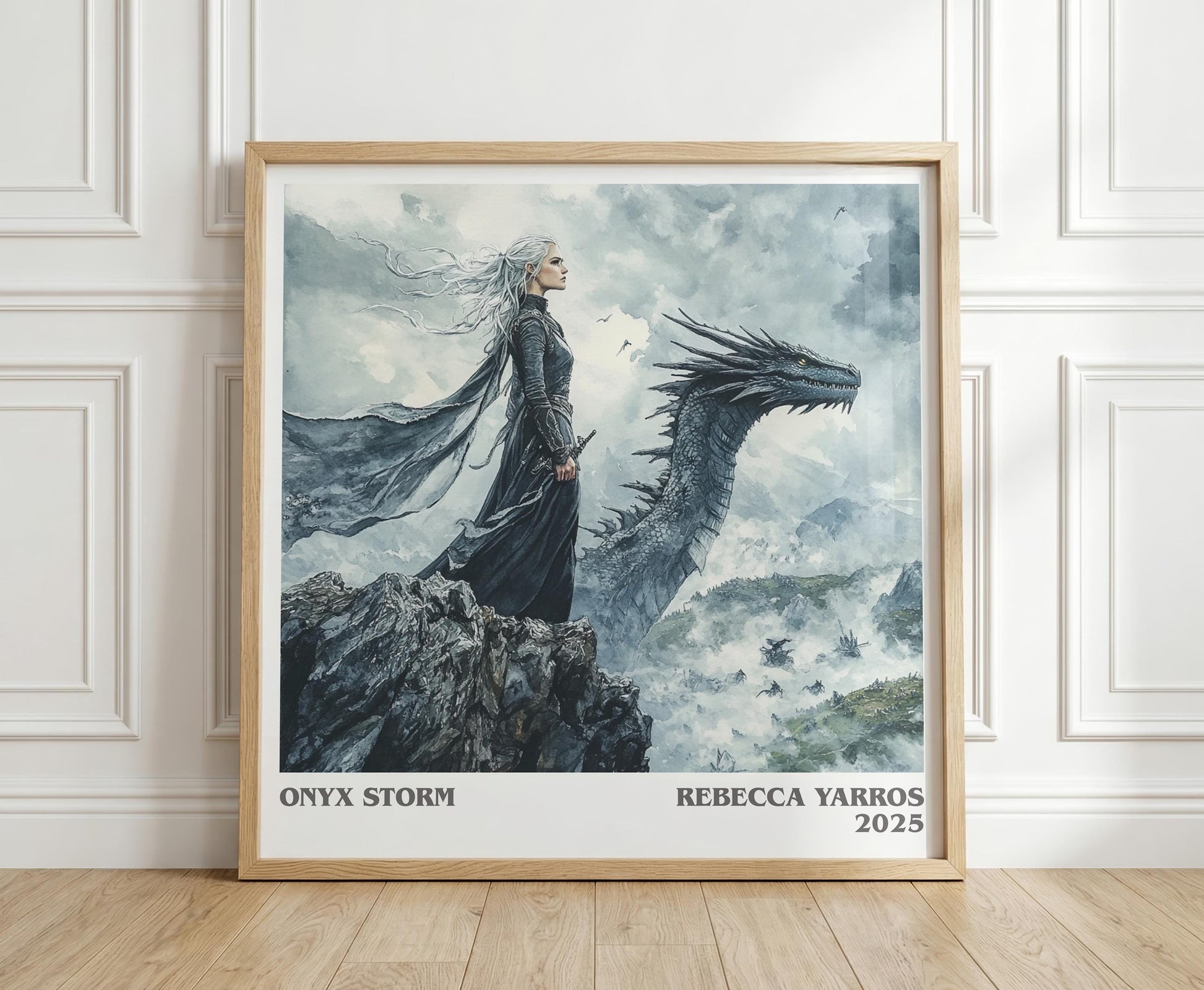 Onyx Storm literary print in frame leaning in hallway – fantasy wall art