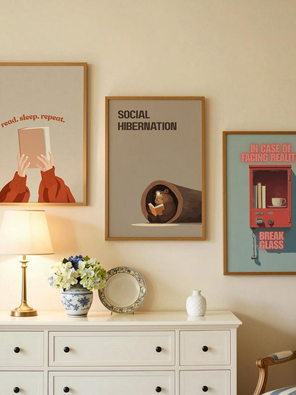 Social Hibernation Bear Print | Funny Reading Art | Cozy Wall Decor | Book Lover Gift | Nook Poster | Reader Gift | Aesthetic Art - Book Poster Art Print Decor Bookish