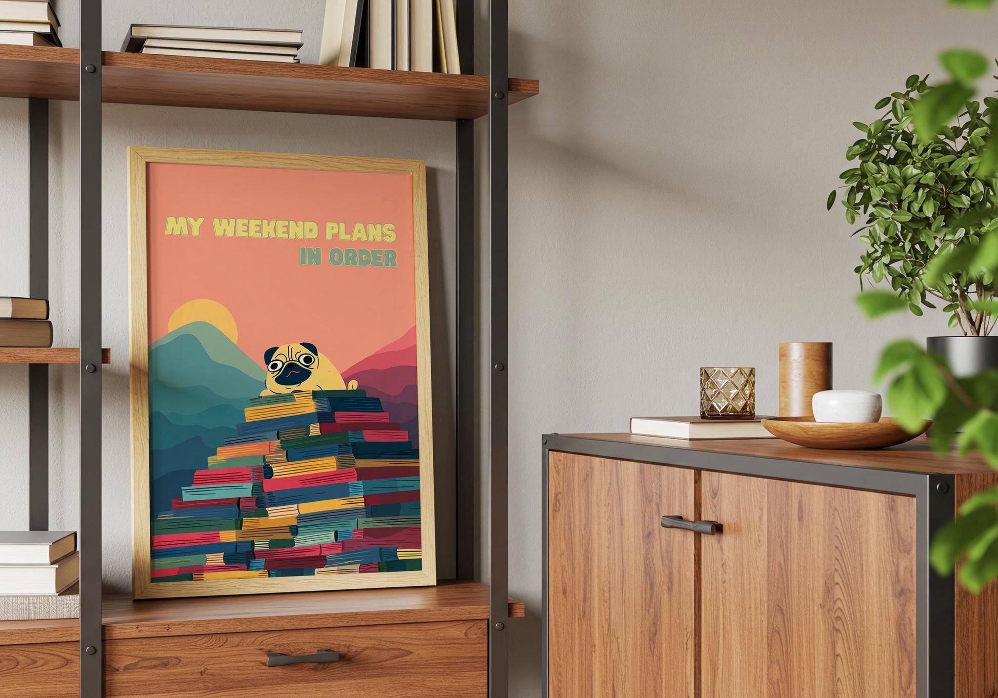 My Weekend Plans Pug Art | Funny Dog Book Stack | Cozy Wall Decor | Book Lover Gift | Nook Poster | Reader Gift | Aesthetic Room Art - Book Poster Art Print Decor Bookish
