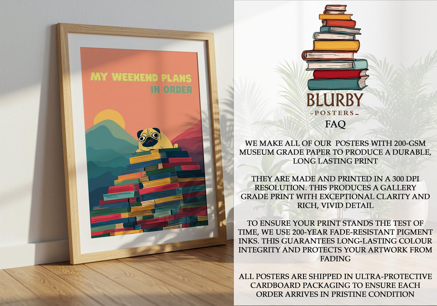 My Weekend Plans Pug Art | Funny Dog Book Stack | Cozy Wall Decor | Book Lover Gift | Nook Poster | Reader Gift | Aesthetic Room Art - Book Poster Art Print Decor Bookish