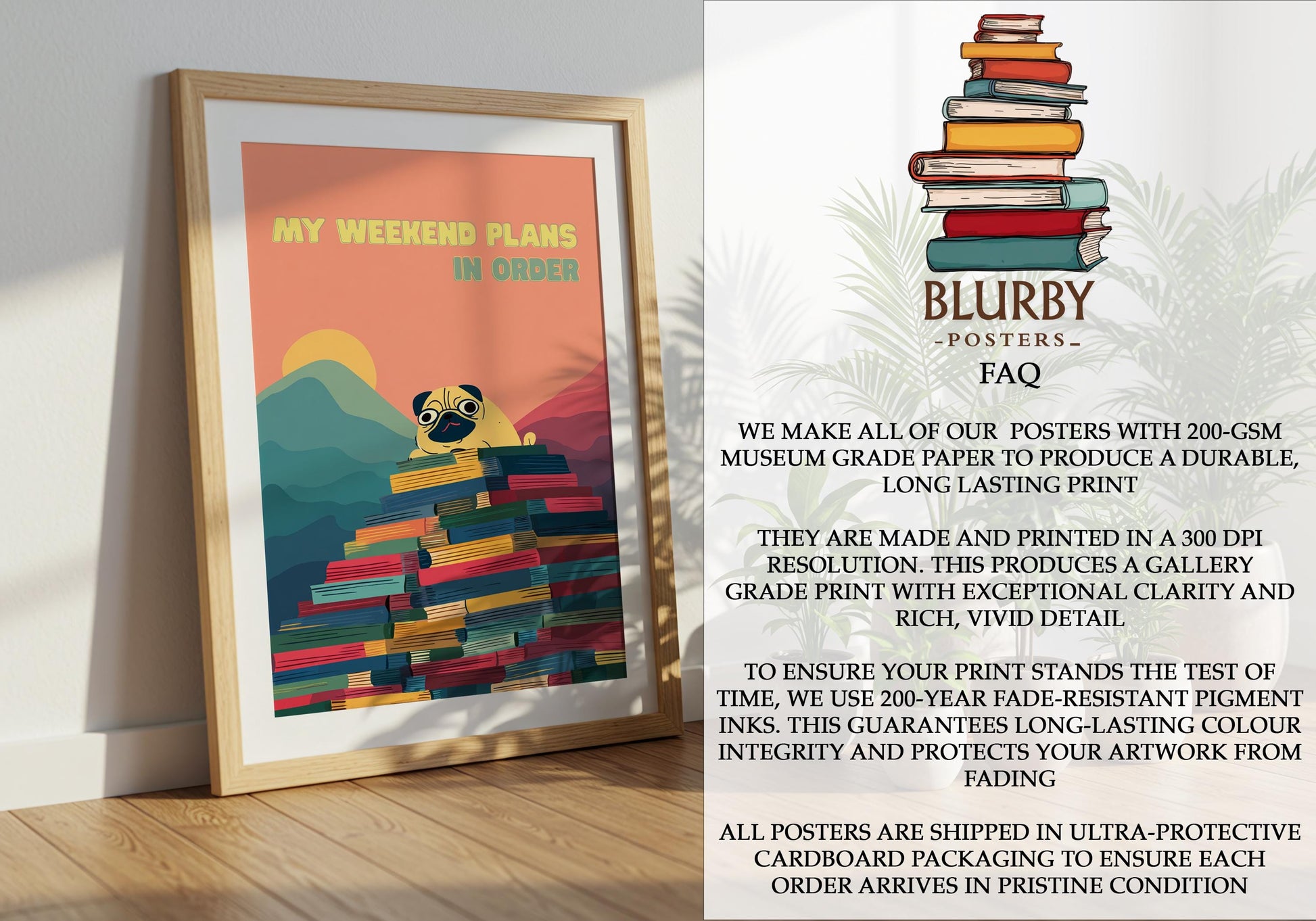 My Weekend Plans Pug Art | Funny Dog Book Stack | Cozy Wall Decor | Book Lover Gift | Nook Poster | Reader Gift | Aesthetic Room Art - Book Poster Art Print Decor Bookish
