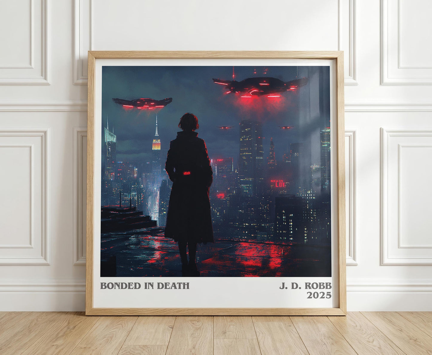 Bonded in Death literary print in frame leaning in hallway – mystery wall art