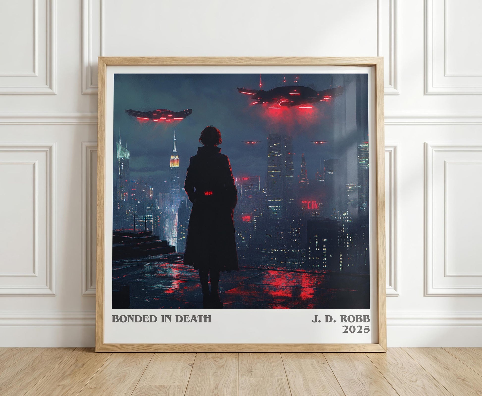 Bonded in Death literary print in frame leaning in hallway – mystery wall art