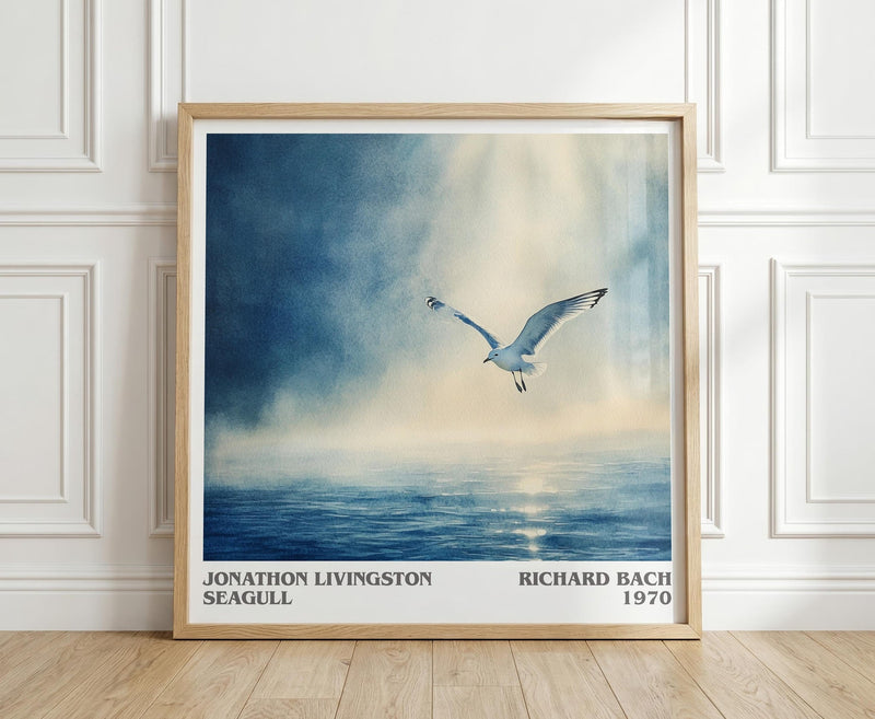 Jonathan Livingston Seagull literary print in frame leaning in hallway – literary fiction wall art