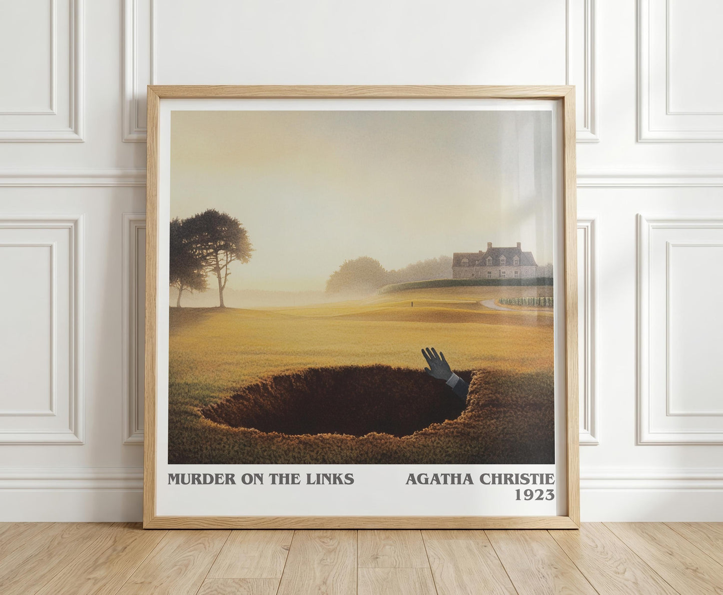 The Murder on the Links literary print in frame leaning in hallway – mystery wall art