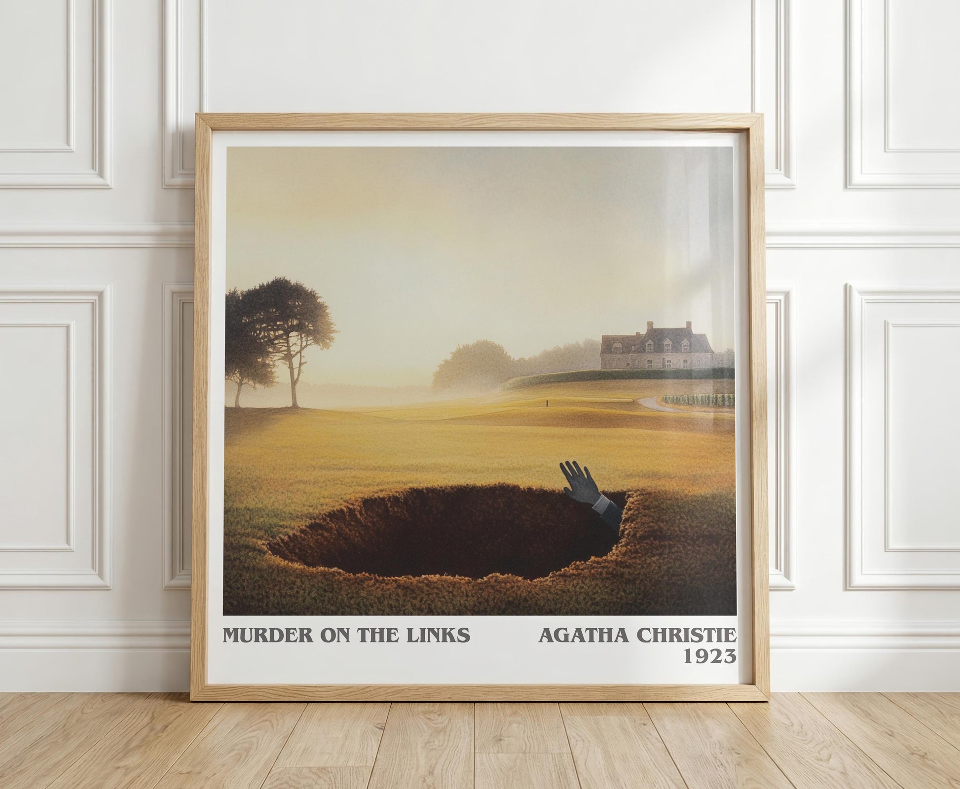 The Murder on the Links literary print in frame leaning in hallway – mystery wall art