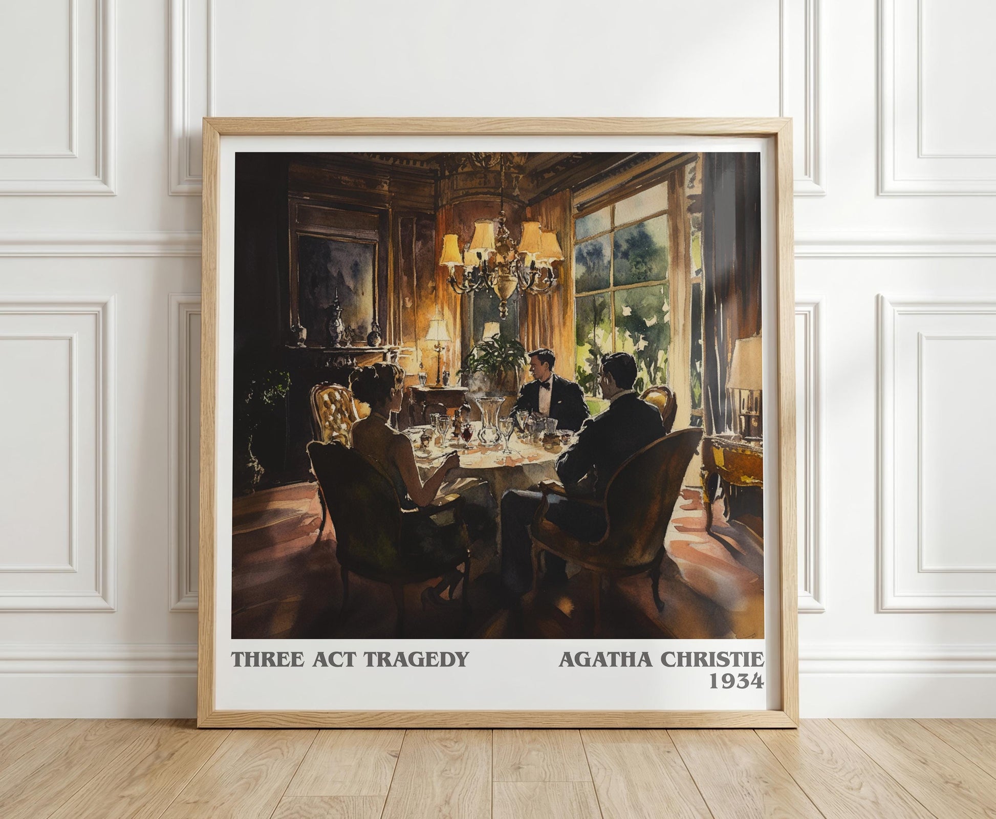 Three Act Tragedy literary print in frame leaning in hallway – mystery wall art
