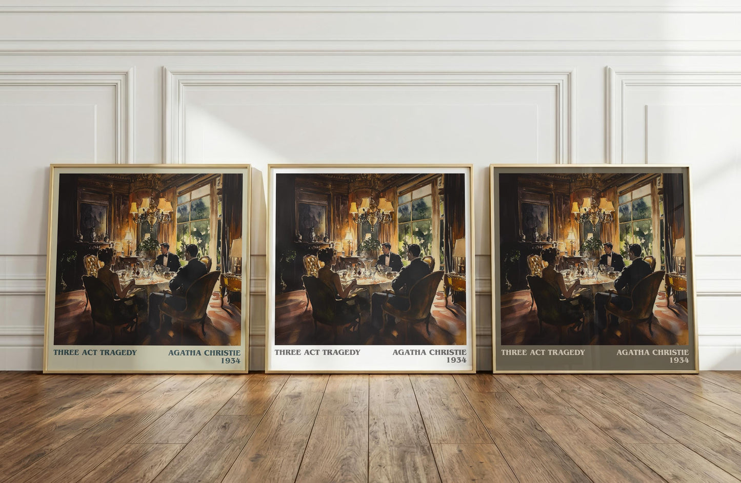 Three Act Tragedy literary print framed by window – literary home decor