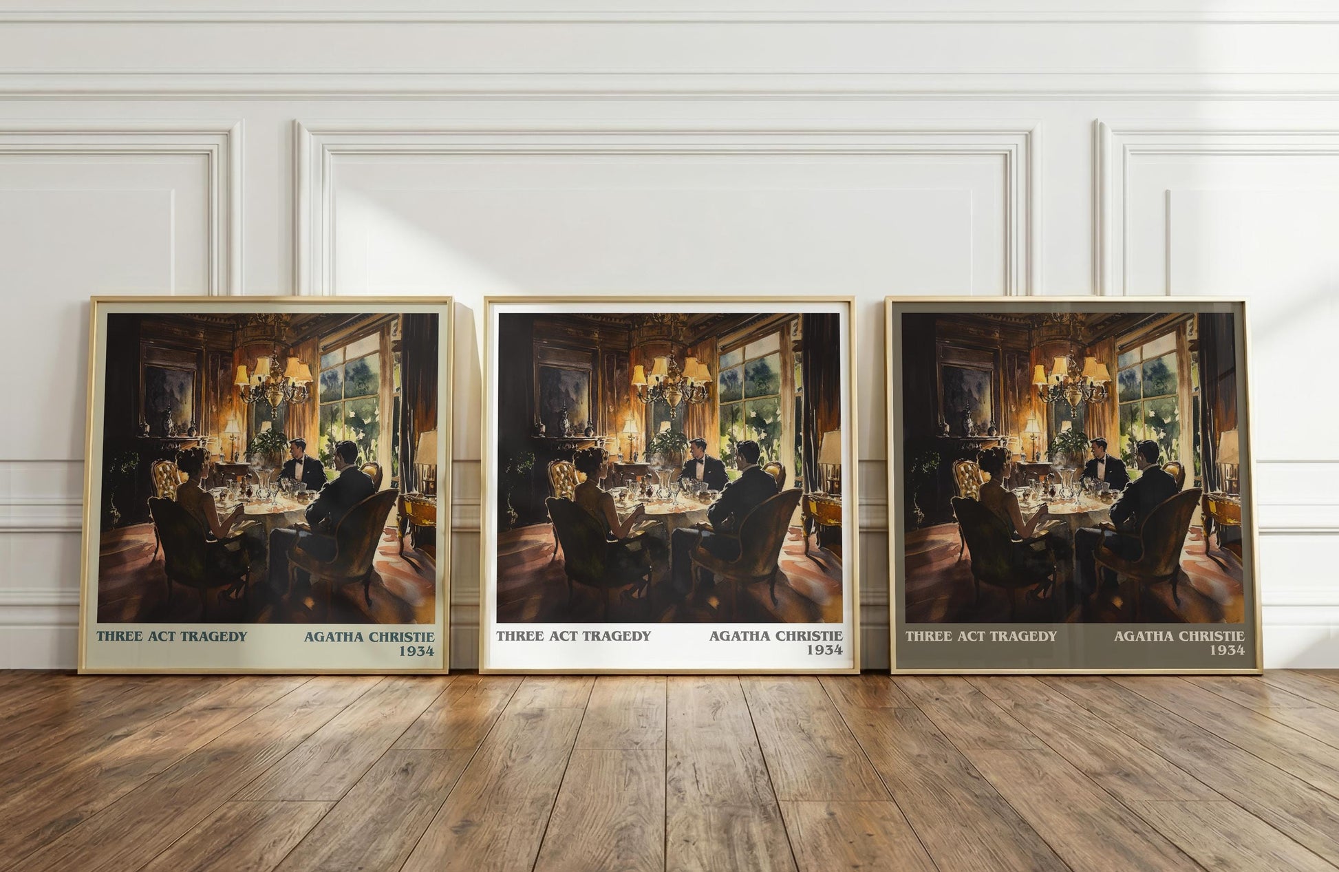Three Act Tragedy literary print framed by window – literary home decor
