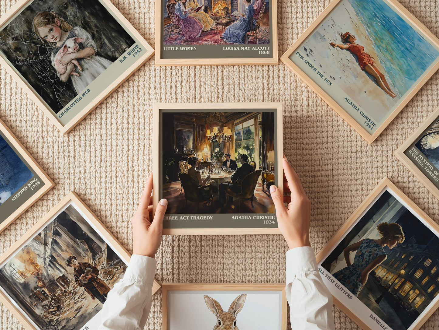 Three Act Tragedy literary print on bookshelf – Agatha Christie fan gift