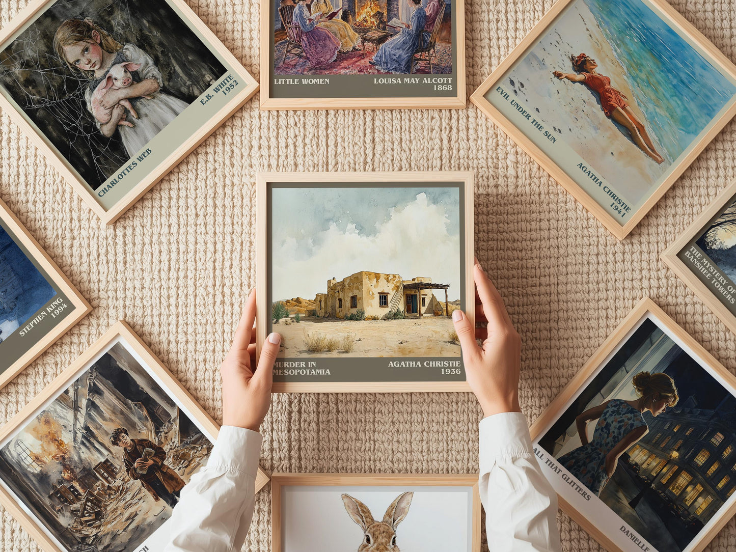 Murder in Mesopotamia literary print on bookshelf – Agatha Christie fan gift