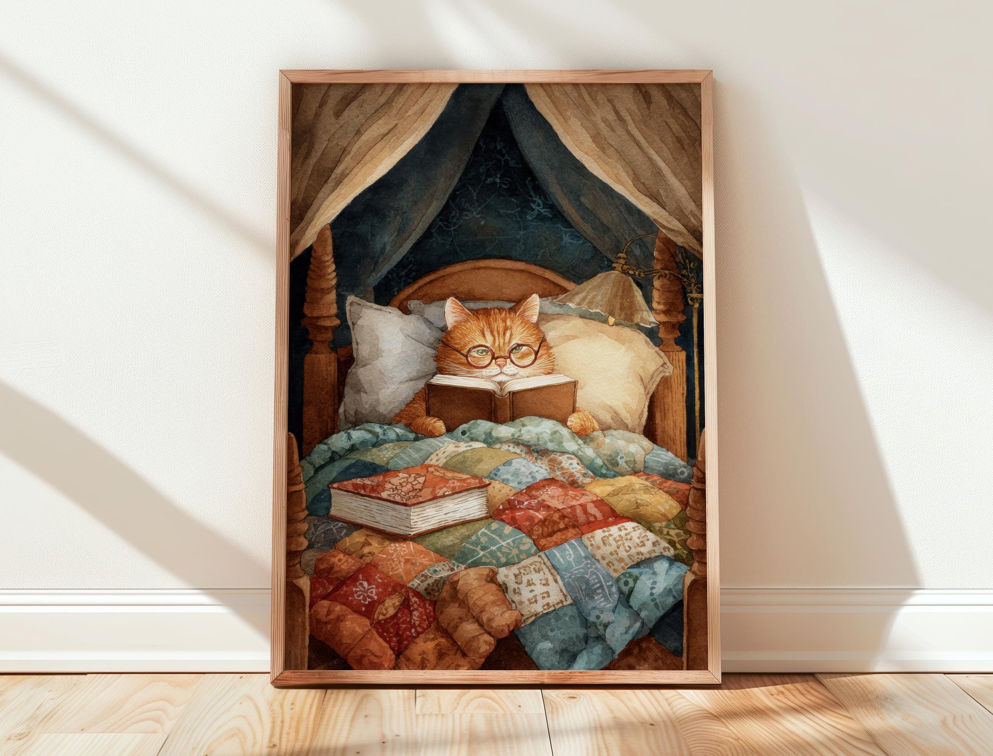 Cat Reading in Bed Print | Cozy Wall Decor | Cute Gift For Book Lover | Book Nook Poster | Book Art | Aesthetic Room Art | Home Decor Poster - Book Poster Art Print Decor Bookish