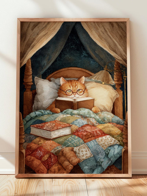 Cat Reading in Bed Print | Cozy Wall Decor | Cute Gift For Book Lover | Book Nook Poster | Book Art | Aesthetic Room Art | Home Decor Poster - Book Poster Art Print Decor Bookish