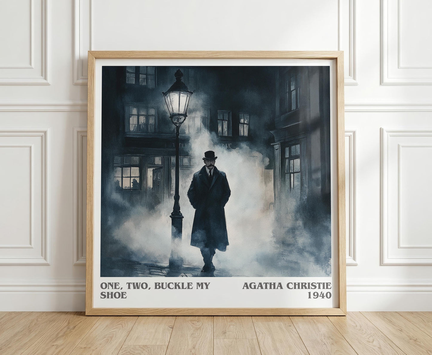 One, Two, Buckle My Shoe literary print in frame leaning in hallway – mystery wall art