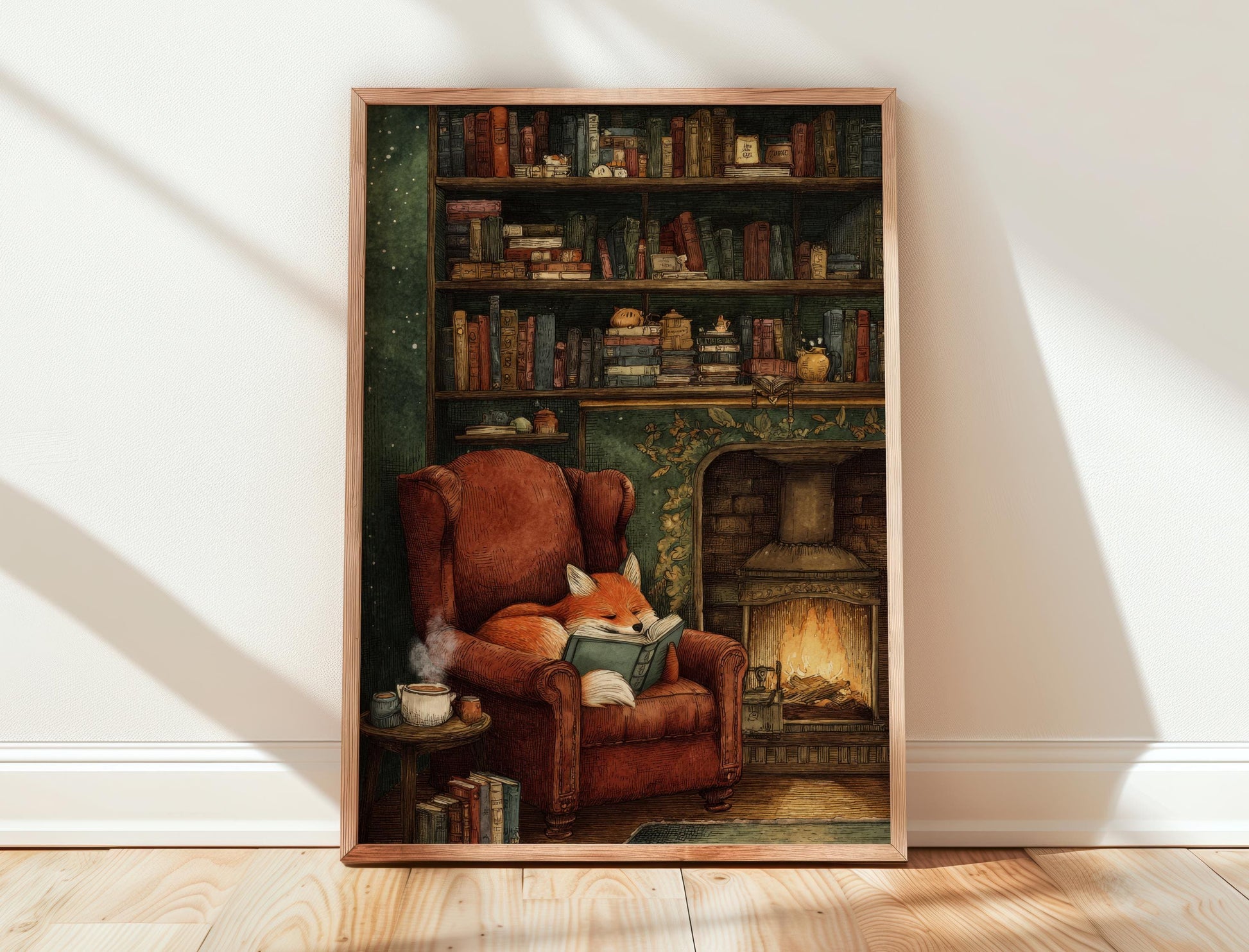Fox Reading by Fireplace Print | Cozy Wall Decor | Cute Gift For Book Lover | Book Nook Poster | Book Art | Aesthetic Room Art | Home Decor - Book Poster Art Print Decor Bookish
