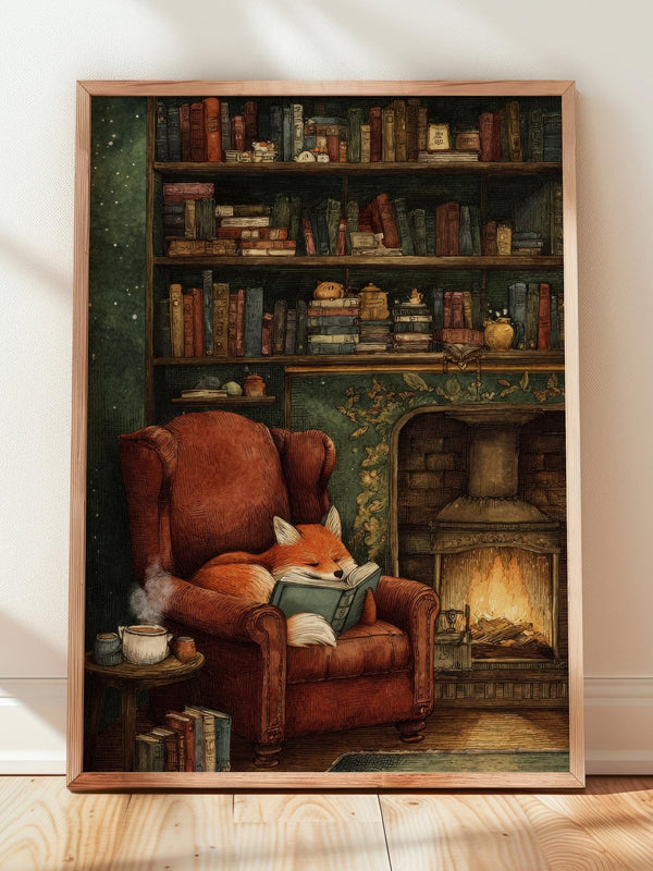 Fox Reading by Fireplace Print | Cozy Wall Decor | Cute Gift For Book Lover | Book Nook Poster | Book Art | Aesthetic Room Art | Home Decor - Book Poster Art Print Decor Bookish