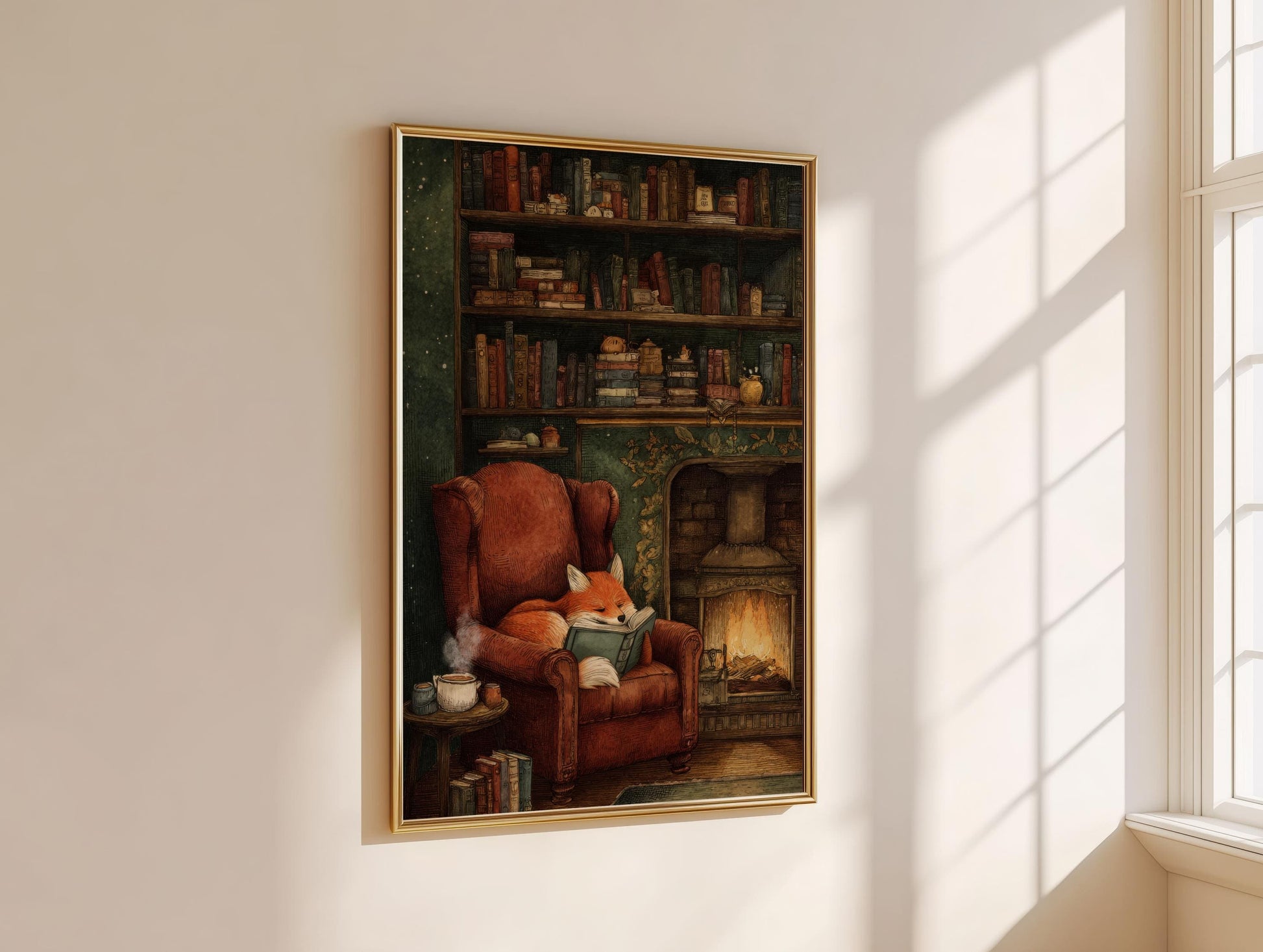 Fox Reading by Fireplace Print | Cozy Wall Decor | Cute Gift For Book Lover | Book Nook Poster | Book Art | Aesthetic Room Art | Home Decor - Book Poster Art Print Decor Bookish