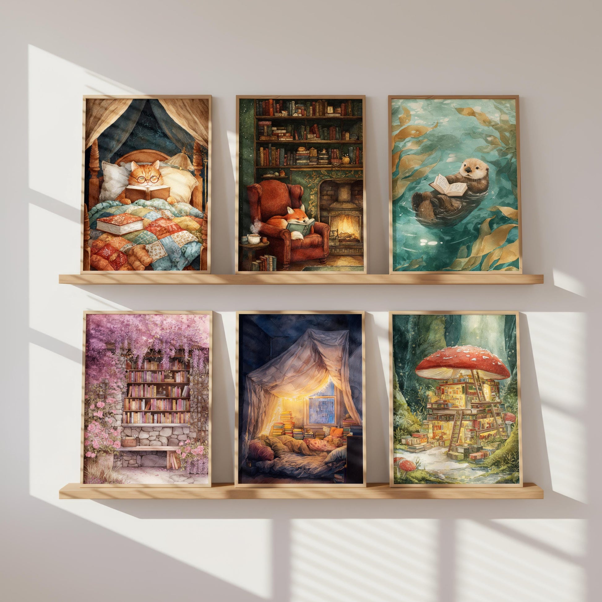 Fox Reading by Fireplace Print | Cozy Wall Decor | Cute Gift For Book Lover | Book Nook Poster | Book Art | Aesthetic Room Art | Home Decor - Book Poster Art Print Decor Bookish