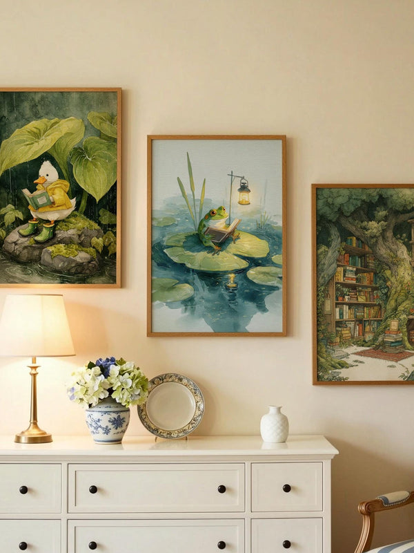 Frog Reading on Lily Pad Print | Cozy Wall Decor | Cute Gift For Book Lover | Book Nook Poster | Book Art | Aesthetic Room Art | Home Decor - Book Poster Art Print Decor Bookish