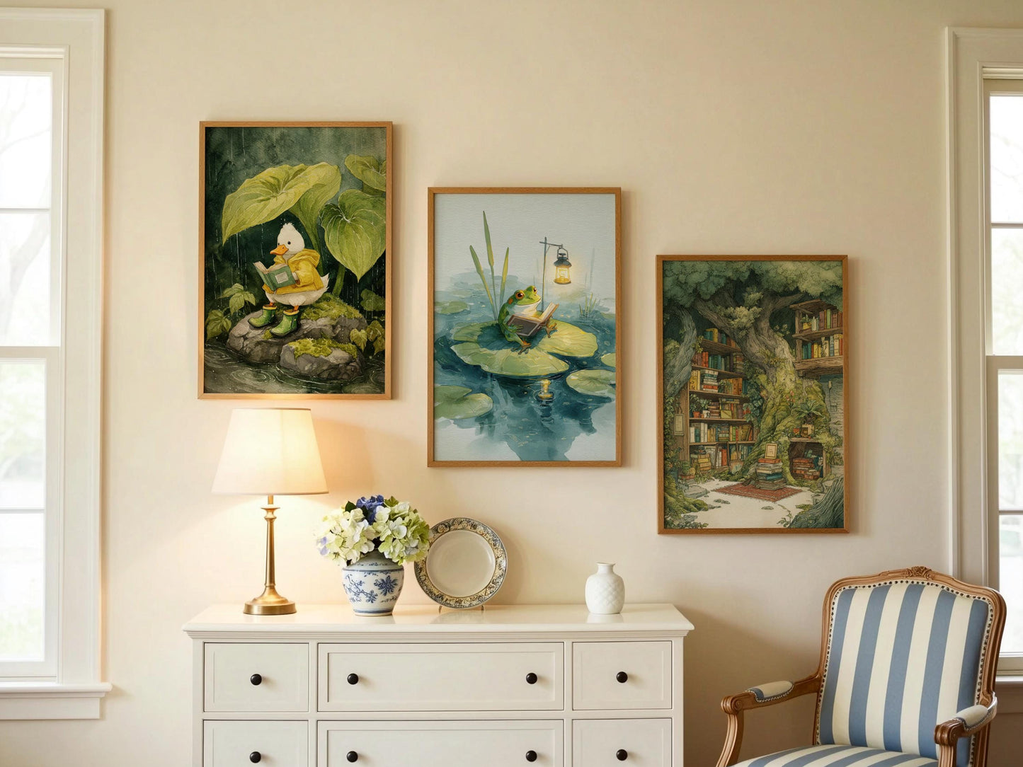 Frog Reading on Lily Pad Print | Cozy Wall Decor | Cute Gift For Book Lover | Book Nook Poster | Book Art | Aesthetic Room Art | Home Decor - Book Poster Art Print Decor Bookish